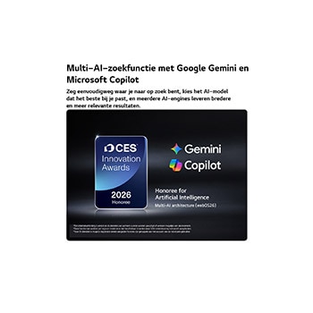 De CES Innovation Awards 2026-badge met eervolle vermelding in de categorie Kunstmatige Intelligentie erkent Multi-AI-zoekopdrachten met Google Gemini en Microsoft Copilot.